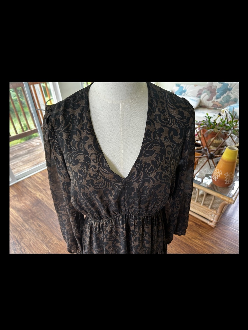 Signature by Robbie Bee Black and Brown Swirl V-Neck Tiered Midi Dress Size 8 - Picture 2 of 7